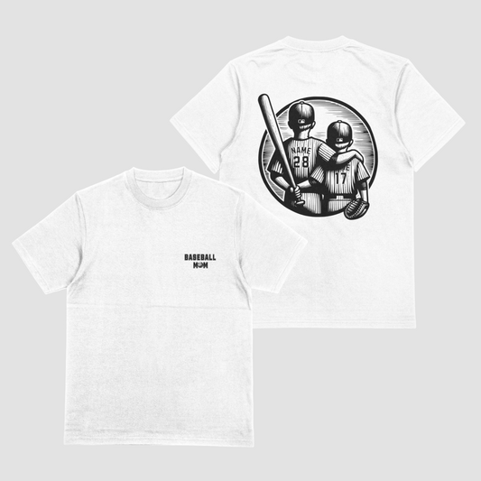 Customized Black & White Baseball Mom T-shirt | Brothers Backshot with Their Name and Number
