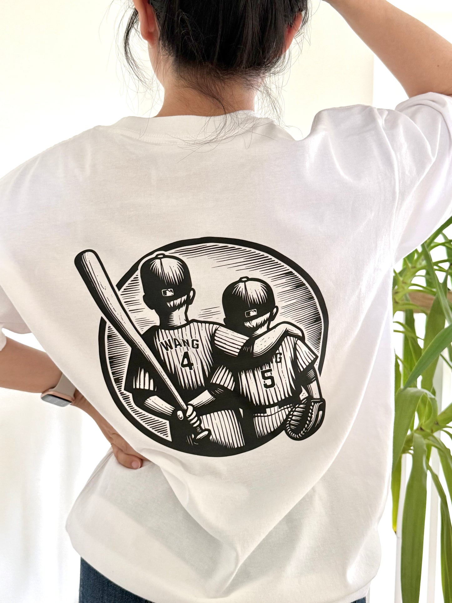 Customized Black & White Baseball Mom T-shirt | Brothers Backshot with Their Name and Number