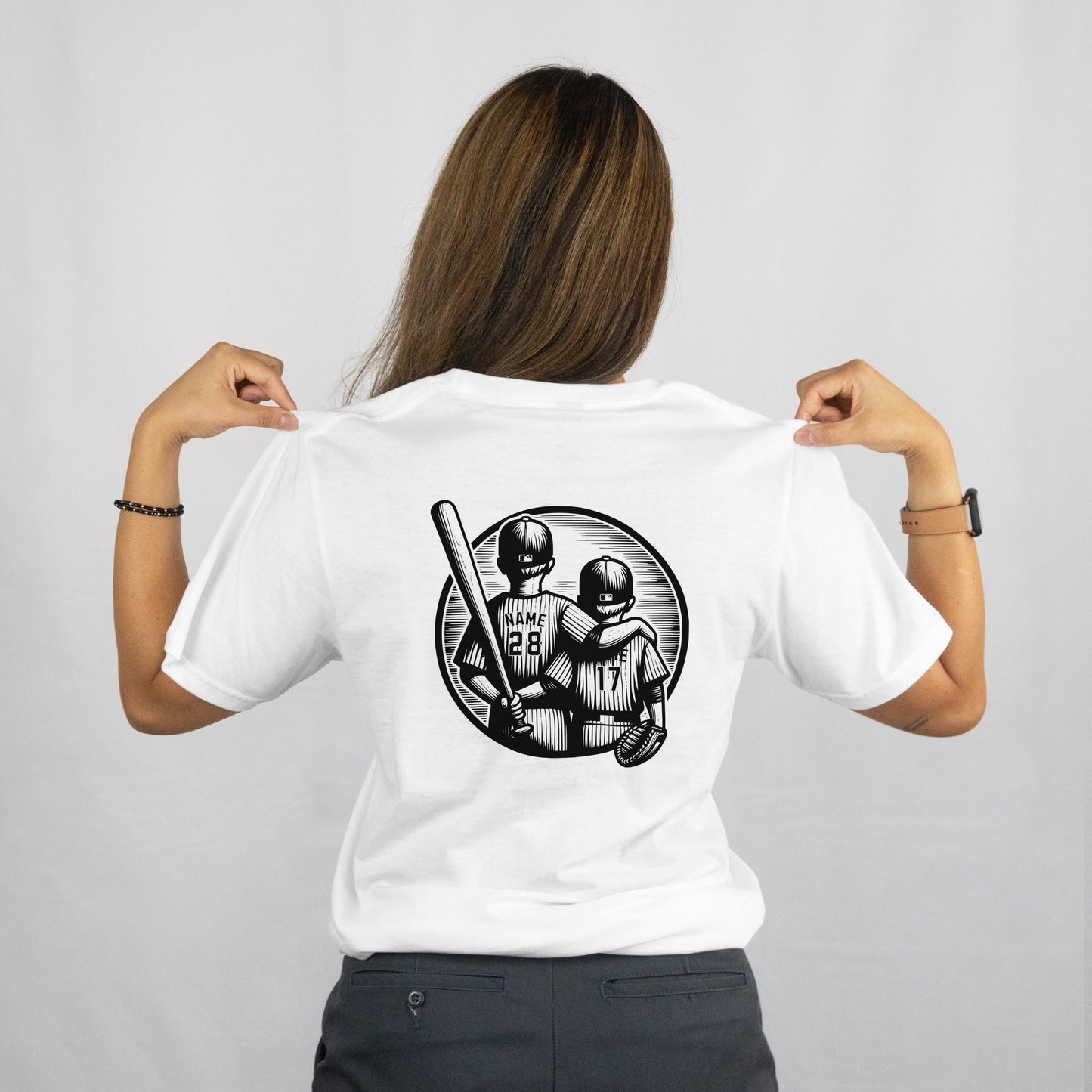 Customized Black & White Baseball Mom T-shirt | Brothers Backshot with Their Name and Number